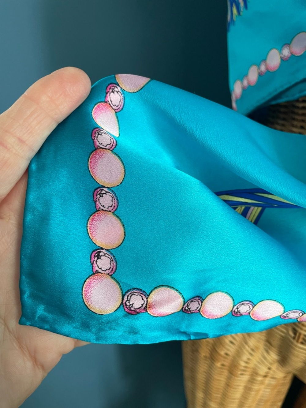 Vibrant Turquoise Silk Scarf with Tassel Print 42 x 42 - Picture 10 of 16